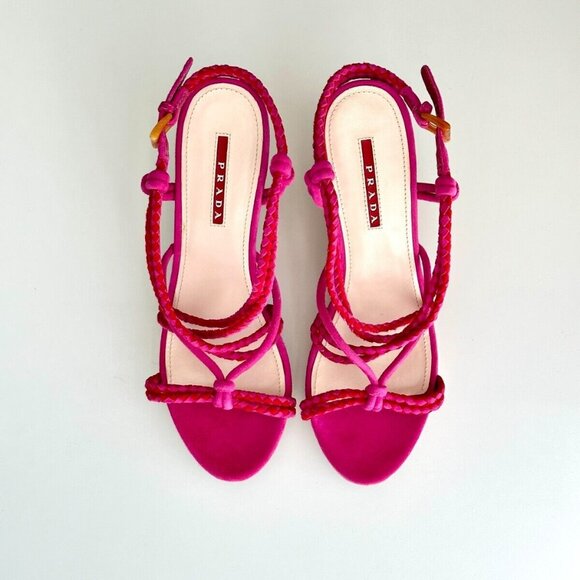 PRADA Strappy Suede Slingback Cork Wedge Sandals in Fuchsia Red Size 38.5 US 8.5 - Picture 2 of 10